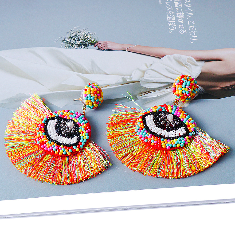 Fashion Red Rice Bead Braided Pull Wire Tassel Earrings
