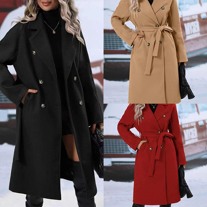 2025 Europe and the United States cross-border foreign trade new solid color lapel thickened dragon and phoenix lace double-breasted long trench coat women