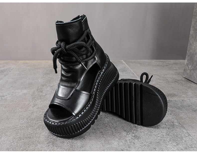 Sandal nữ đế dày da bò kiểu La Mã rỗng tăng chiều cao — đen chi tiết 11