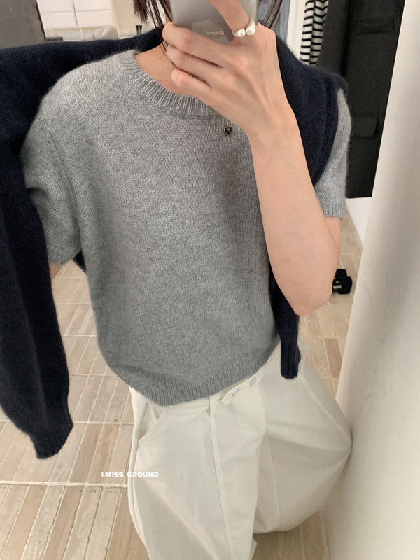 i miss韩标减龄小个子浣熊绒短袖针织衫女2025秋季内搭上衣毛衣|undefined