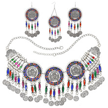 波西米亞民族頭飾項鏈耳墜套裝合金鑲鑽鏤空飾品錢幣流蘇配飾項飾