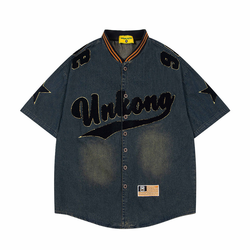 American Style Retro Embroidered Letter Denim Short-sleeved Shirt Boys Summer Baseball Suit Wash-up Old Collar Shirt Trendy