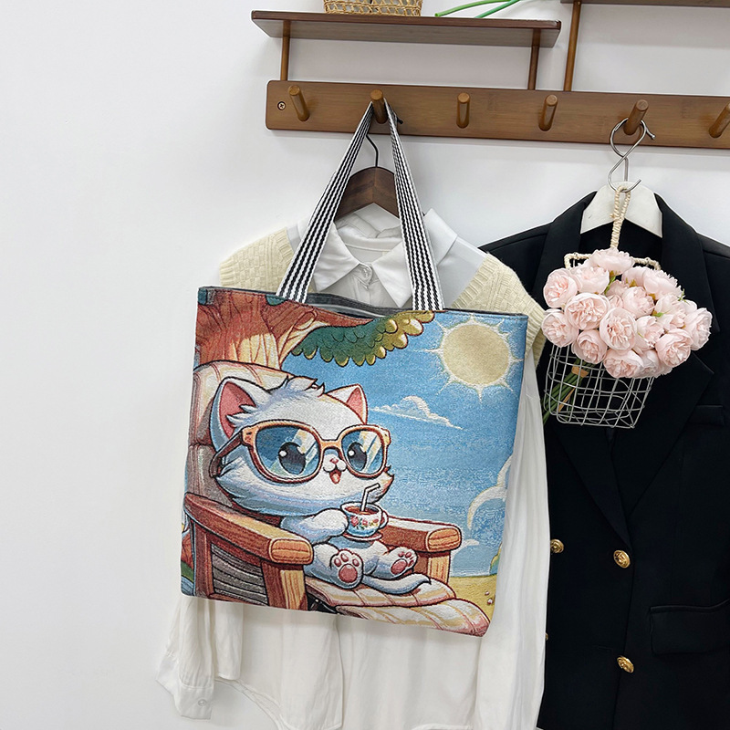 新しい女性のキャンバスポータブルショルダーバッグ漫画蝶織り刺繍シンプルな大容量ショッピングバッグ短距離旅行大型バッグ|undefined