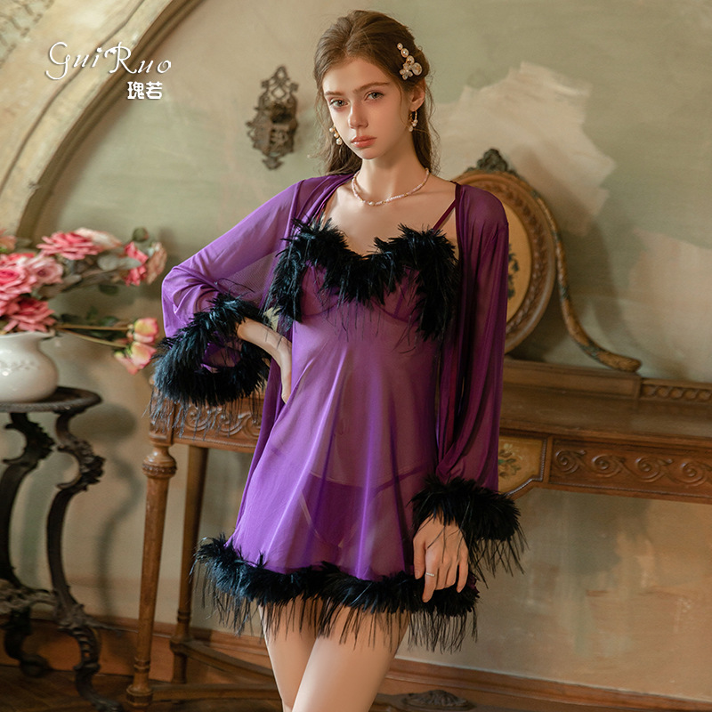 Guiruo Sexy Lingerie Thin Mesh See-Through Seductive Plush Patchwork Suspender Nightgown Robe Pajama Set 4434 Guiruo Sexy Lingerie Thin Mesh See-Through Seductive Plush Patchwork Suspender Nightgown Robe Pajama Set 4434