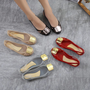 25 New Foreign Trade Cross-border Fashion Sandals Square Buckle Summer Hollow Baotou Flat Crystal Jelly Shoes Casual Women's Shoes