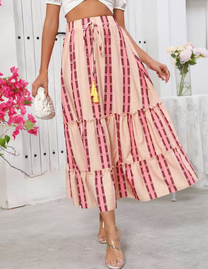 Real Shot Of Cross-border Foreign Trade 2025 Summer New Bohemian Resort Style Printed Flared Skirt For Women_ecoleips.com