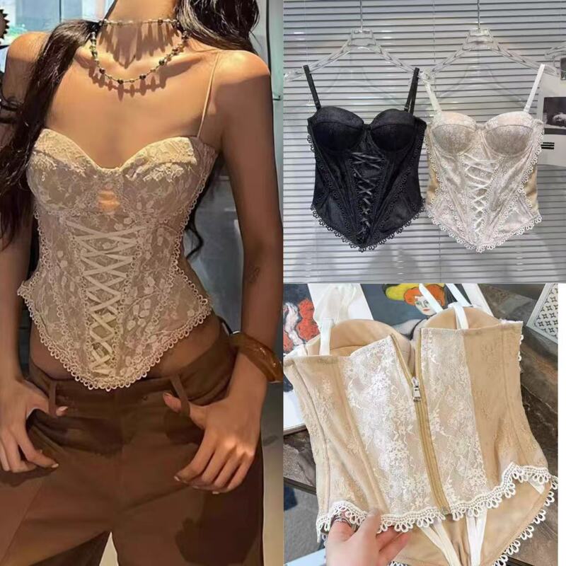 Pure Desire Retro Hot Girl Lace Fishbone Bra Camisole with Breast Pad Elastic Back Zipper Irregular Vest