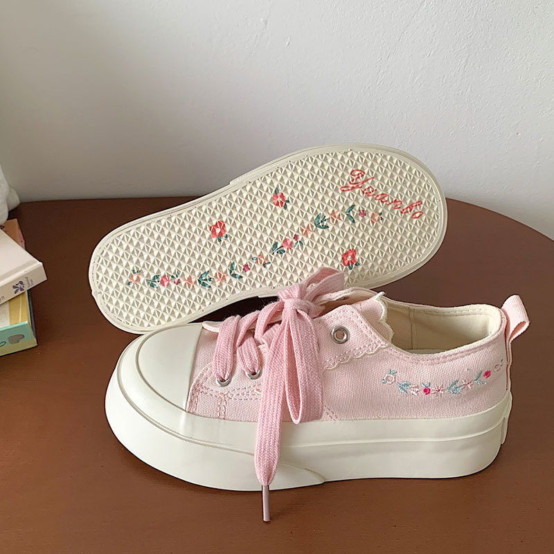 刺繍入り多用途白靴カジュアルシューズ女性用 2025 夏の新しい薄型通気性厚底キャンバスシューズ|undefined
