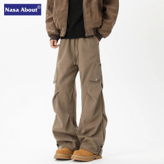 NASAアメリカの重いポンドのしわの工装のズボンの男性の春秋の金のゆったりしているファッションの広い足のズボンの格好のまっすぐな筒のカジュアルなズボン