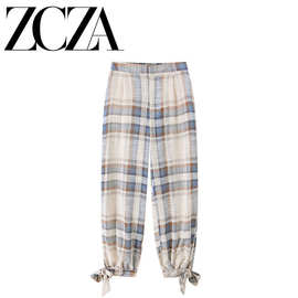 ZCZA 自制 欧美风 新款女装 时尚 百搭 格纹蝴蝶结灯笼裤7831105