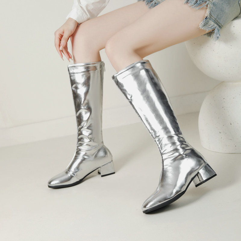 Stretch Thin Boots Golden silver Square Thick Bottom Thick Heel High Heel Thick Zipper Women's But Knee Long Boots Performance Boots