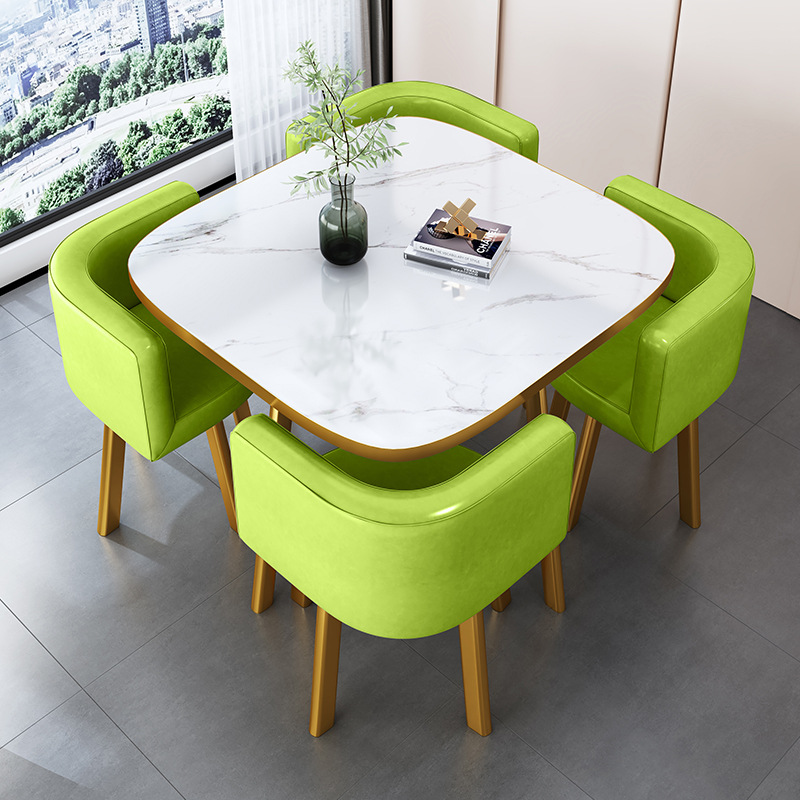 Green 80cm square table+4 leather chair