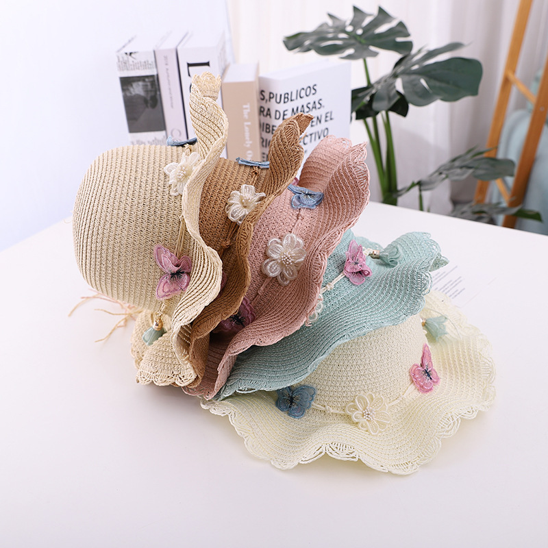 New Children's Straw Hat Bag Suit Flower Butterfly Big Brim Sun Hat display picture 3