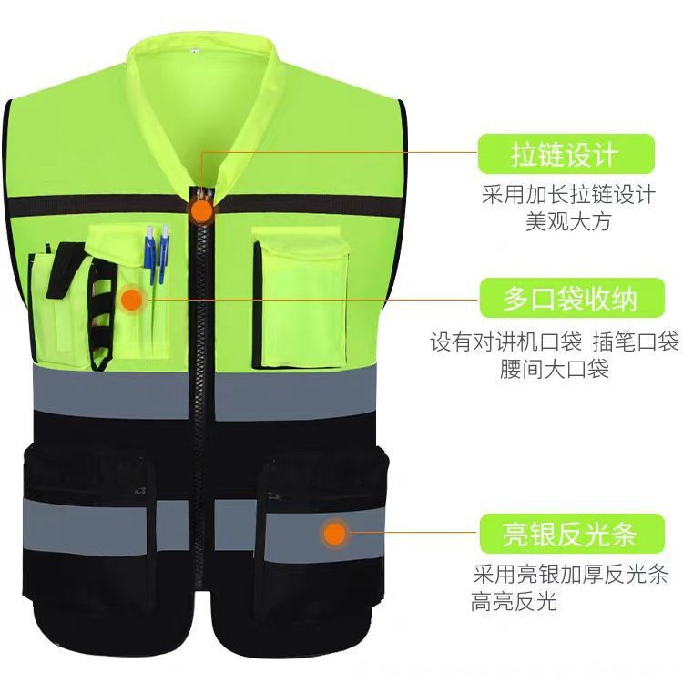 Chaleco reflectante costura multi-Bolsillo ropa reflectante edificio construcción Riding duty chaleco reflectante fluorescente al por mayor