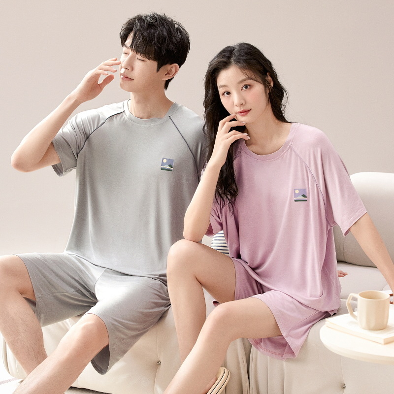 Con almohadilla para el pecho 2024 pijamas de verano pareja modal manga corta conjunto de dos piezas primavera y verano color sólido hombres homewear suave