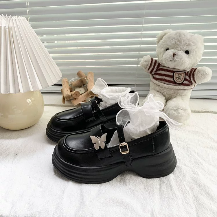 Женские лоферы на толстой подошве, новинка 2024 года, весна-осень, увеличители роста, однослойные туфли, женские туфли в британском стиле, черные кожаные туфли без шнуровки