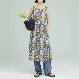 C家夏季女装新品宽松侧边叠褶显瘦碎花圆领无袖连衣裙