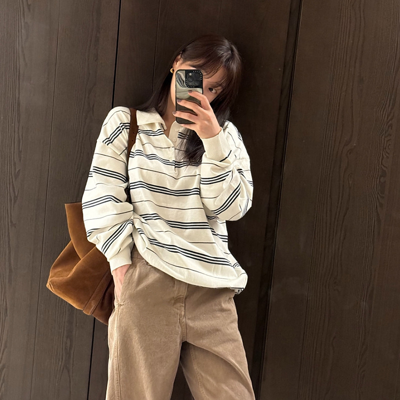 韩国chic 2025秋季新款韩版BF风宽松条纹针织长袖polo衫女上衣|undefined
