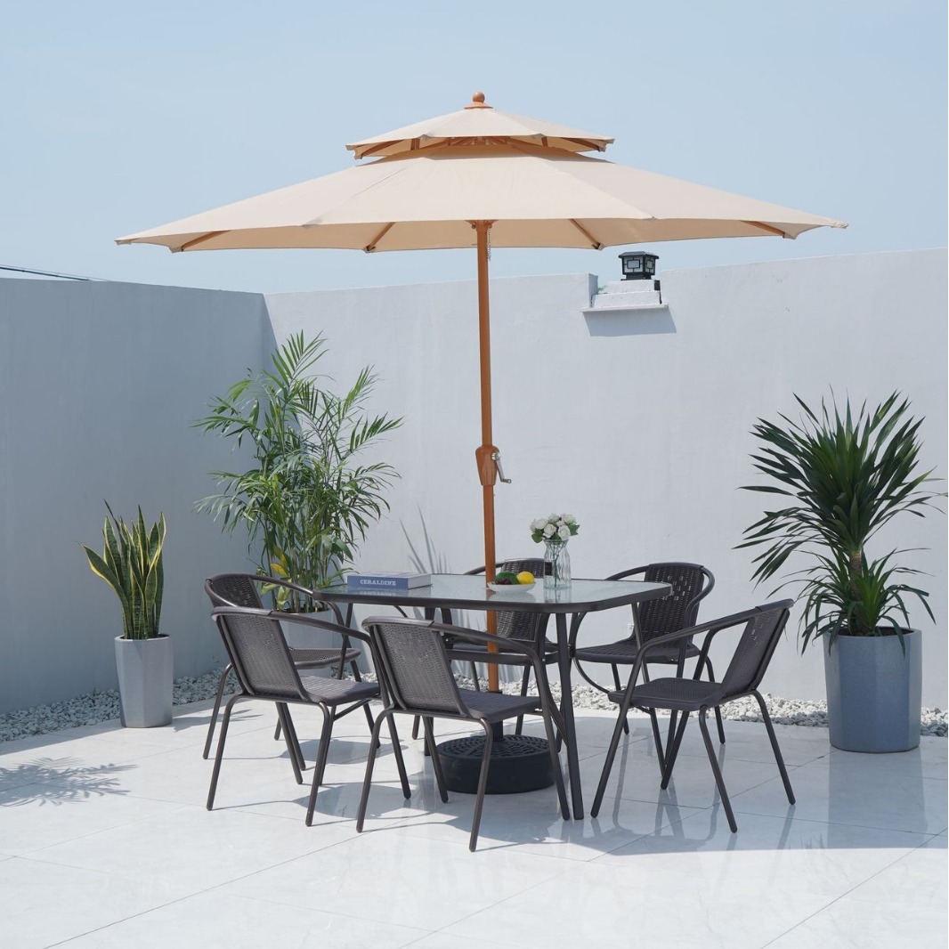 Mesa al aire libre y silla Silla de ratán silla con paraguas tres o cinco piezas conjunto patio balcón acampar al aire libre té ocio respaldo combinación de mesa y silla