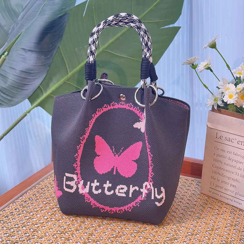 ニットハンドバッグ、ニッチデザインバケットバッグ、トートバッグ、ハンドバッグ、カジュアルで多用途なショルダーバッグ、ニットポータブルバッグ