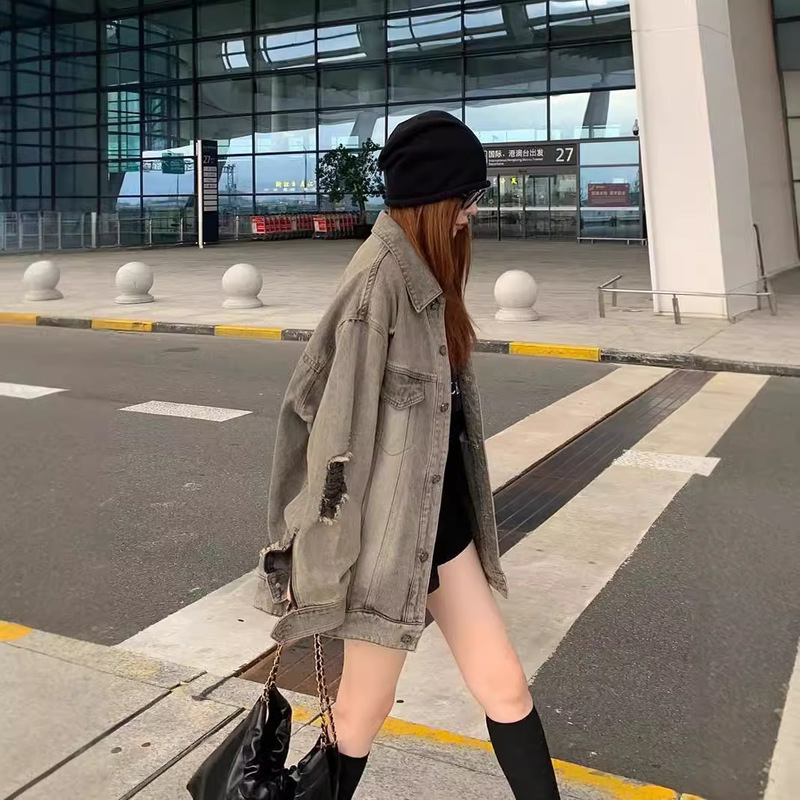 アメリカンレトロデザインニッチリッピングデニムジャケット女性のための 2025 春と秋ルーズ bf スタイルハイストリートジャケットトップ|undefined