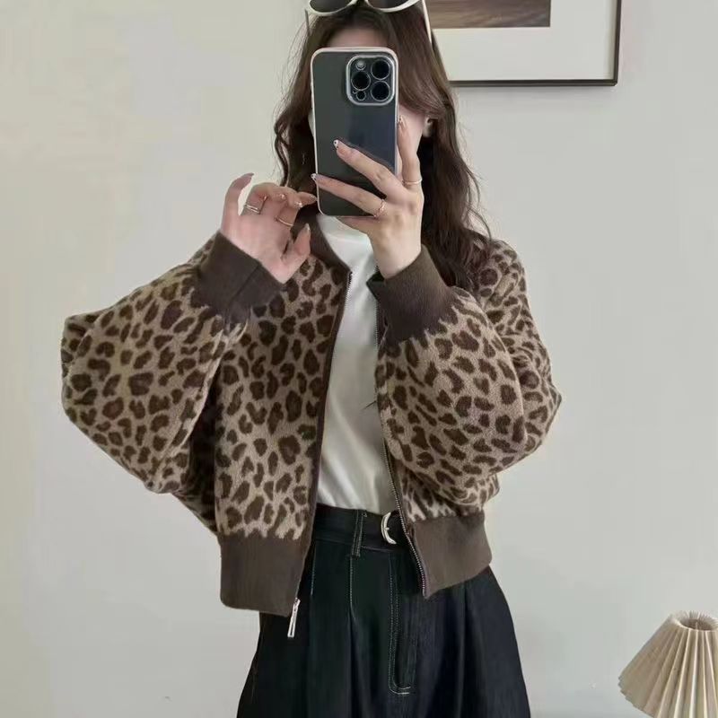 欧洲站豹纹拼色时尚外套女2025新款秋季棒球服短款开衫慵懒风上衣