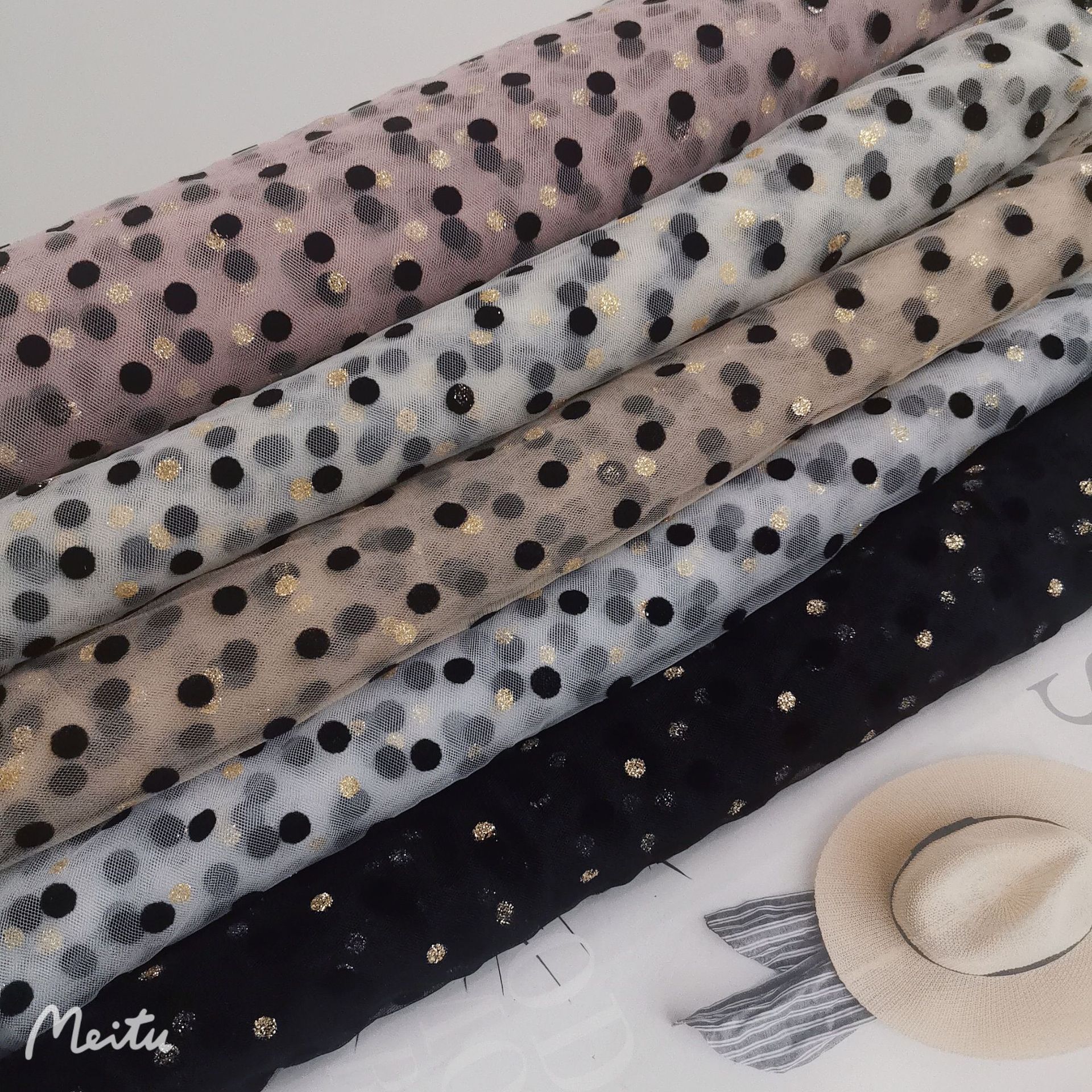 热卖款~好品质锦特美网纱0.8公分圆点植绒小圆点印金 裙装等面料