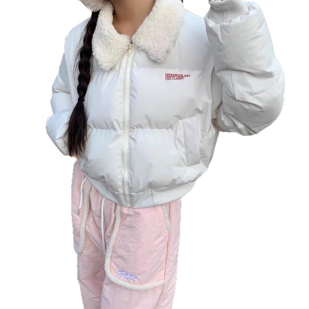 Letras bordadas empalmadas con solapa plumón chaqueta de algodón para mujeres 2025 invierno suelto y grueso chaqueta corta de algodón