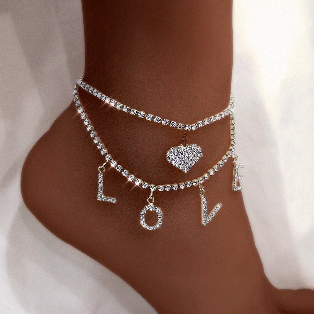 Fashion Letter Heart Shape Alloy Layered Inlay Rhinestones Womenu0027S Anklet 1 Piece