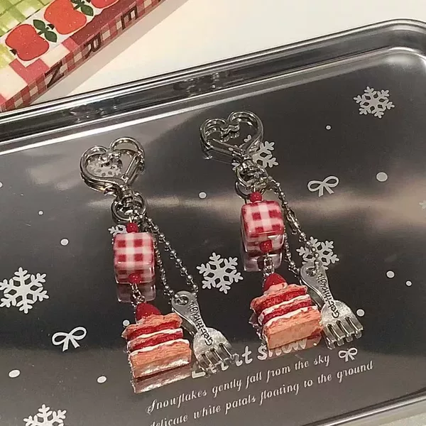 Cheese Strawberry Cake Small Fork Pendant Keychain Chain Pendant Backpack Chain Heart Buckle