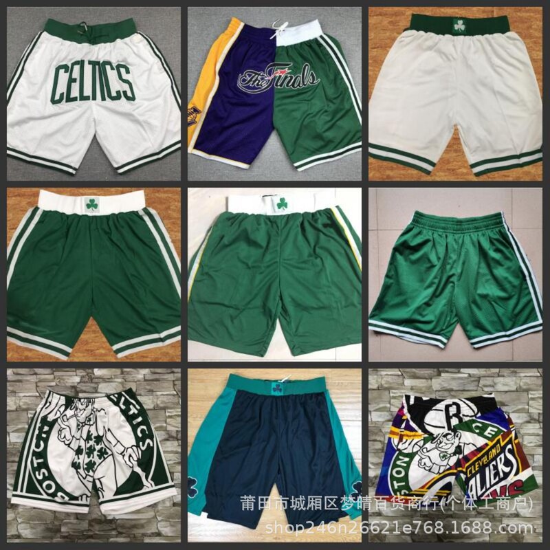 Basketball Shorts Celtic Retro Full Embroidery Zipper Pocket Shorts Five-Point Shorts Wholesale