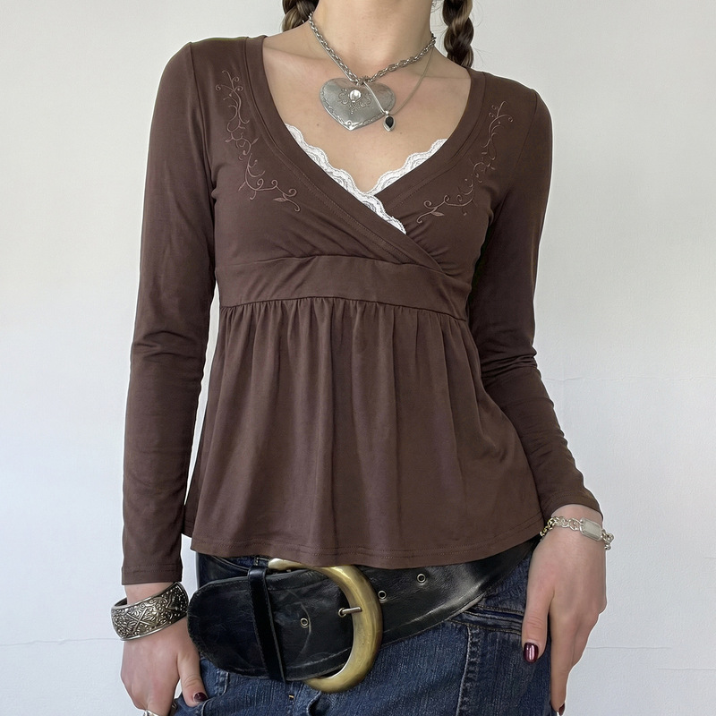 American-Style Retro Floral Embroidery Cross V-Neck Lace-Trimmed Long-Sleeve Simple and Elegant Slimming A-Line Tie-Waist Top