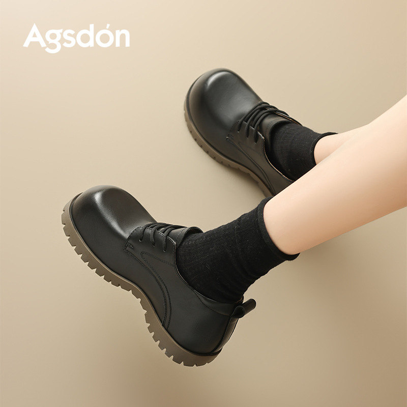 Augu Shi Deng zapatos de cuero negro para mujeres 2025 nuevo otoño británico lazos Lefour zapatos de sola gruesa zapatos de viaje único