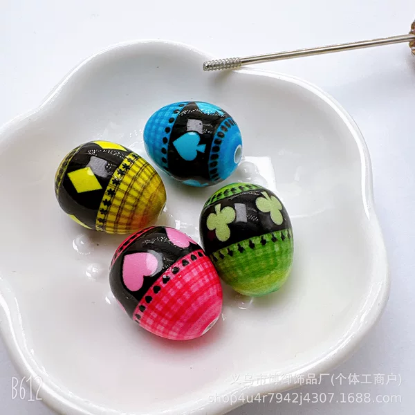 Painted Printed Acrylic Playing Card Pattern Vertical Hole Easter Egg DIY Loose Beads Beaded Key Chain Mobile Phone Chain Accessories