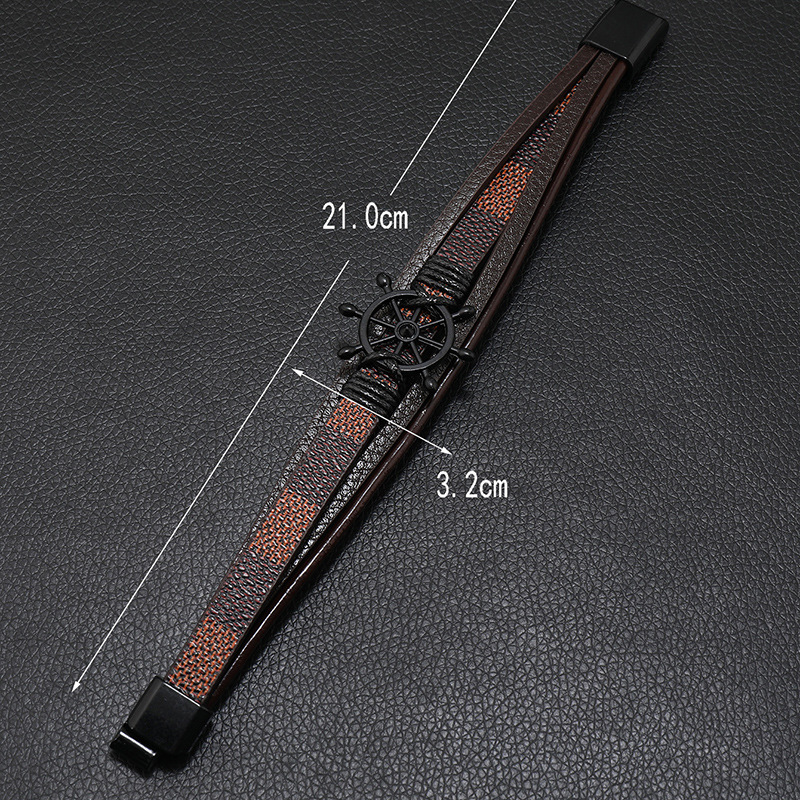 25g Weight Bangle Classification 1 Piece Quantity Daily, Street Occasion Pu Leather, Alloy Material Rudder Pattern Men's Gender Retro Style Retro Rudder Pu Leather Alloy Men's Bangle Men Cord & Leather Bracelets 10