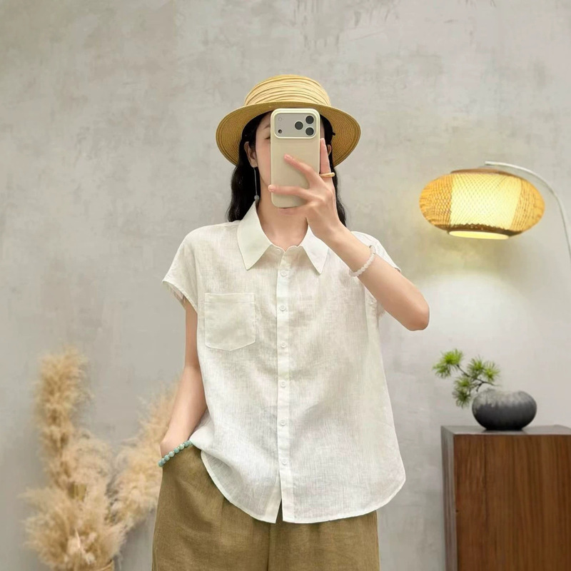 2026 New Style Hemp Flutter Sleeve Turn-Down Collar Shirt, Artistic Casual Loose Fit, Seamless Craftsmanship, Solid Color Women's Blouse