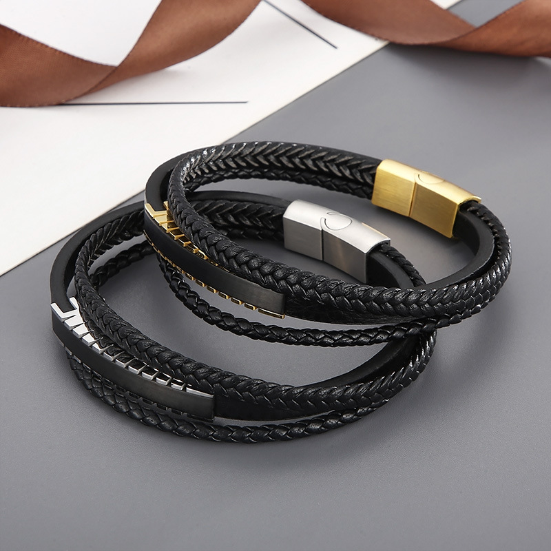 1 Piece Quantity Casual Simple Style Geometric Stainless Steel Cowhide Braid Men's Bangle Men Cord & Leather Bracelets