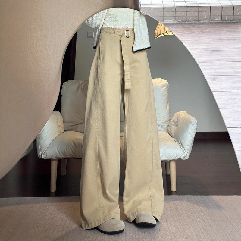 Autumn and Winter Khaki High-Waisted Straight Wide-Leg Jeans for Women, Loose Denim Wide-Leg Pants for Women, Slimming Pants for Women, Autumn