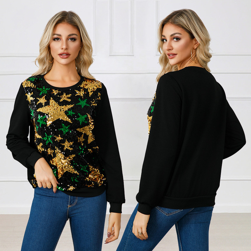 10526 European and American Cross-border Women's Long-sleeved Jacket with Five-pointed Star Pattern Sequin Fine Flash Christmas Party Elegant Sweat