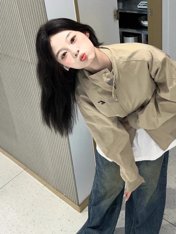 美式工装卡其色拉链开衫短外套女春秋冬新款设计感百搭棒球服上衣|undefined