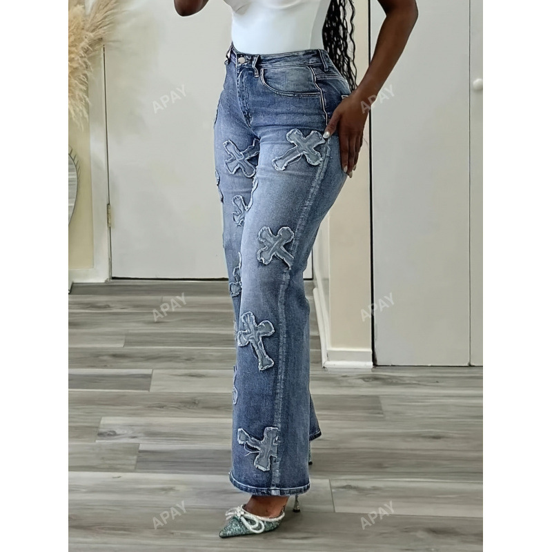 B 8212026 Cross-Border New European and American Cross Print Loose Casual Women's Straight-Leg Jeans