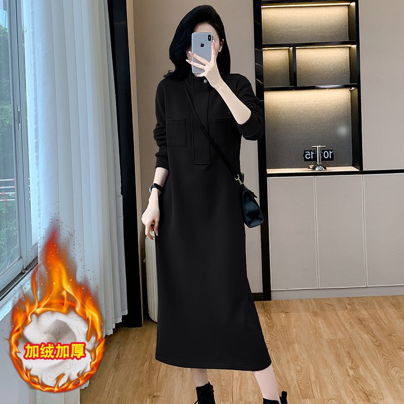 长款过膝休闲卫衣裙女2025秋冬新款大码宽松遮肚百搭立领连衣裙潮|undefined