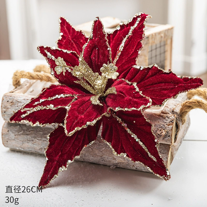 Вельветовая декоративная poinsettia (цветок) 26 см, блестящая окантовка, красный/зеленый/платиновый/шампанское золото