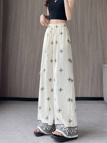 Ice Silk Cotton Linen Wide Leg Pants for Women Summer 2025 Thin Lengthened Print Linen Draped Drawstring Casual Pants