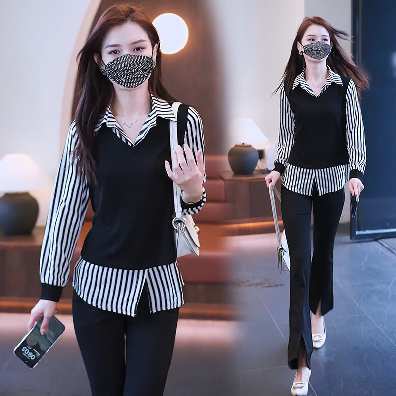 偽の2枚のシャツの婦人服は腹のストライプの上着の2024秋の服のシャツのデザイン感があります。|undefined