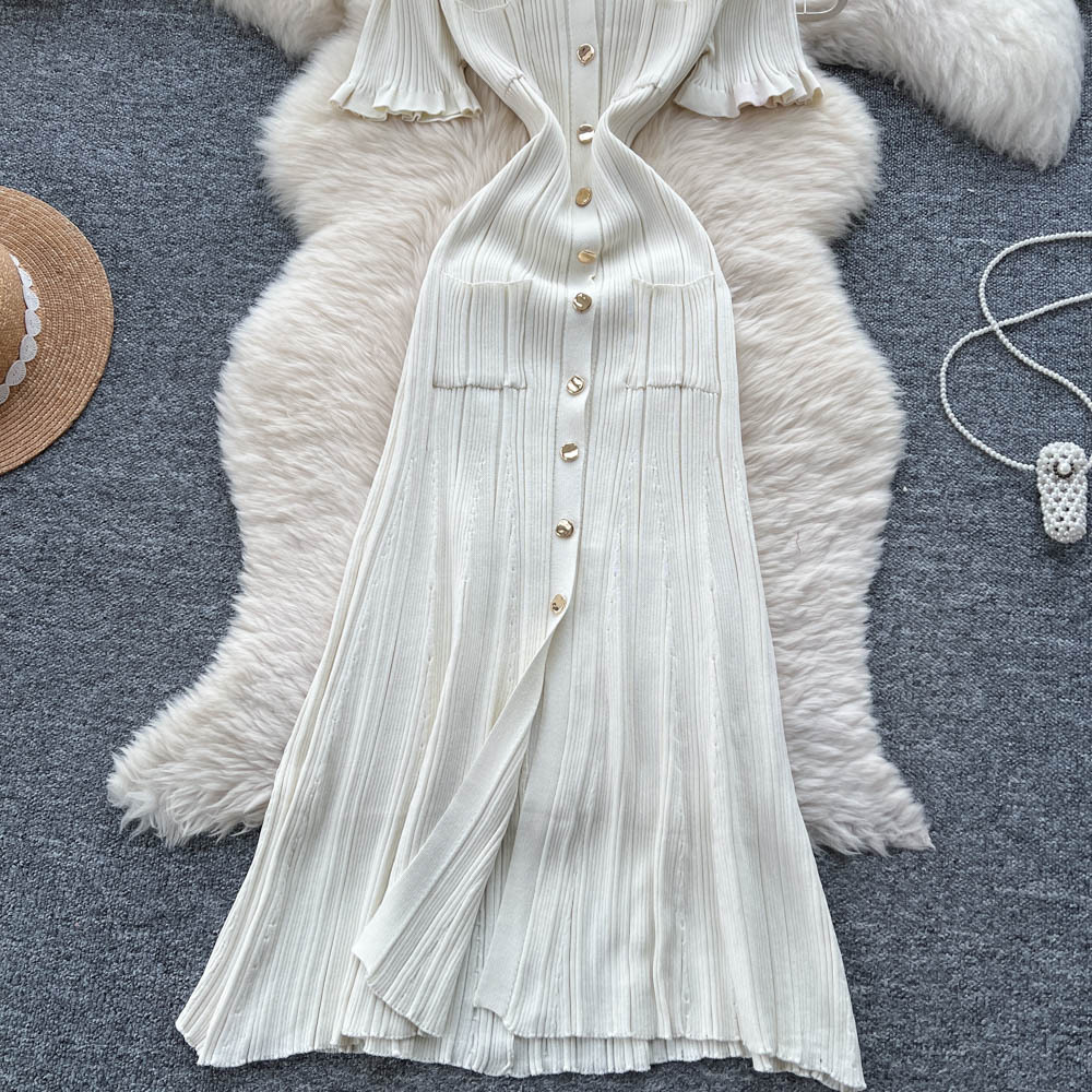 Elegantes Damen Strickkleid Mit Revers Und Knopfleiste Lang_voghion.com