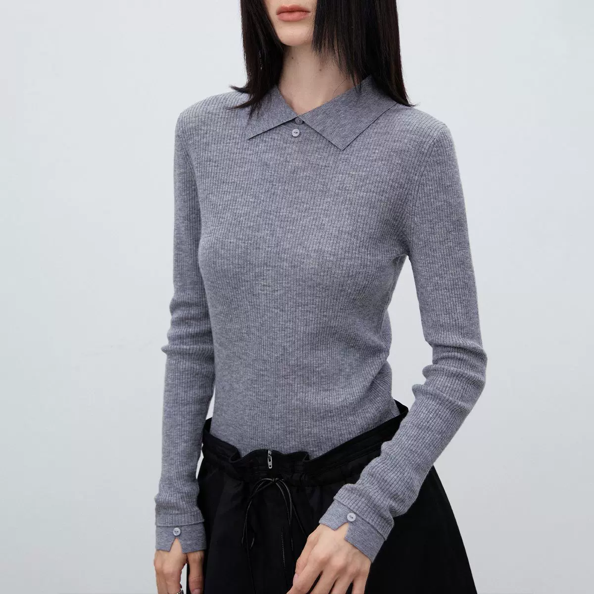 100%羊毛长袖针织打底衫女秋季上衣正肩修身内搭翻领套头毛衣极简