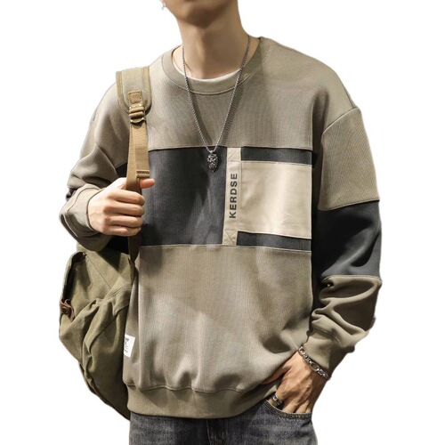 Autumn American Heavyweight Youth Fashion Loose Men's Long-Sleeve T-Shirt Crew Neck Colorblock Hoodie