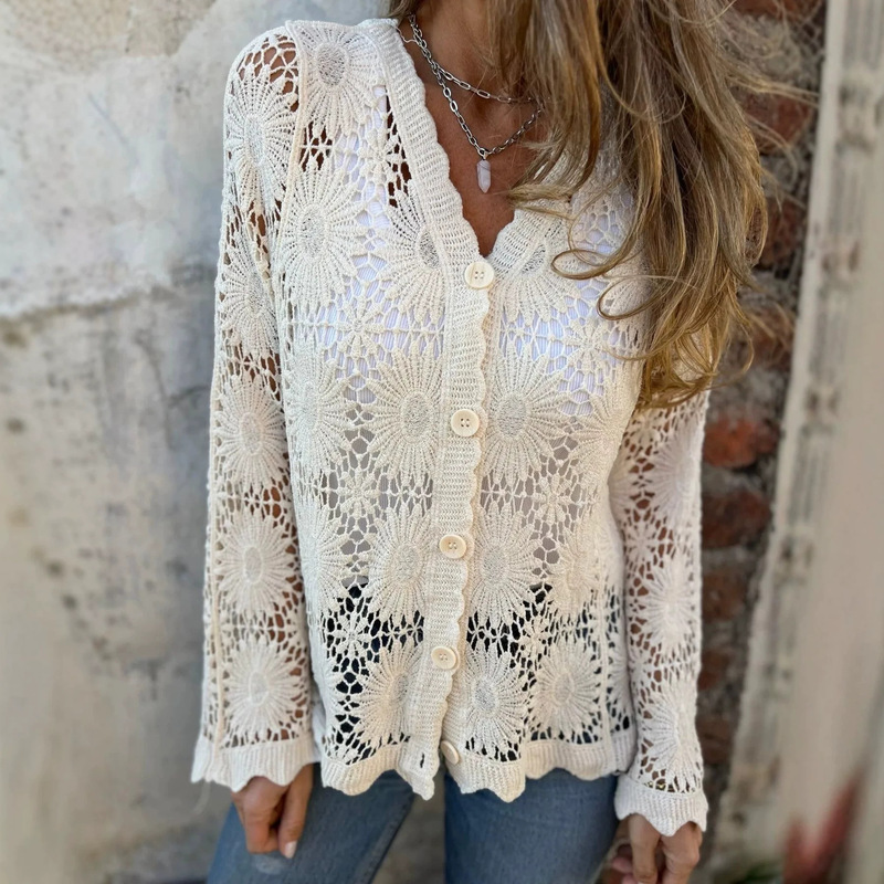 European and American Vacation-Style Knitted Sun Protection Clothing, Hollow-Out Crochet Round-Neck Half-Sleeve Top, Versatile Knitted Cover-Up for Layering