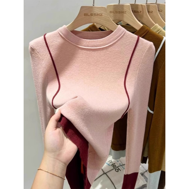 Trendy Color-Block Crew Neck Knit Base Sweater for Women, Autumn/Winter 2024 New Fashionable Inner Sweater European Style Top